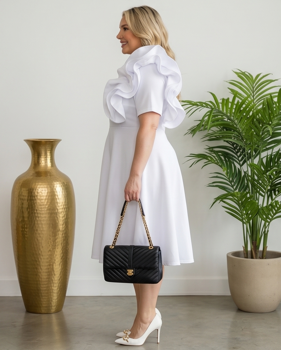 Plus Size White Side Ruffle Skater Dress