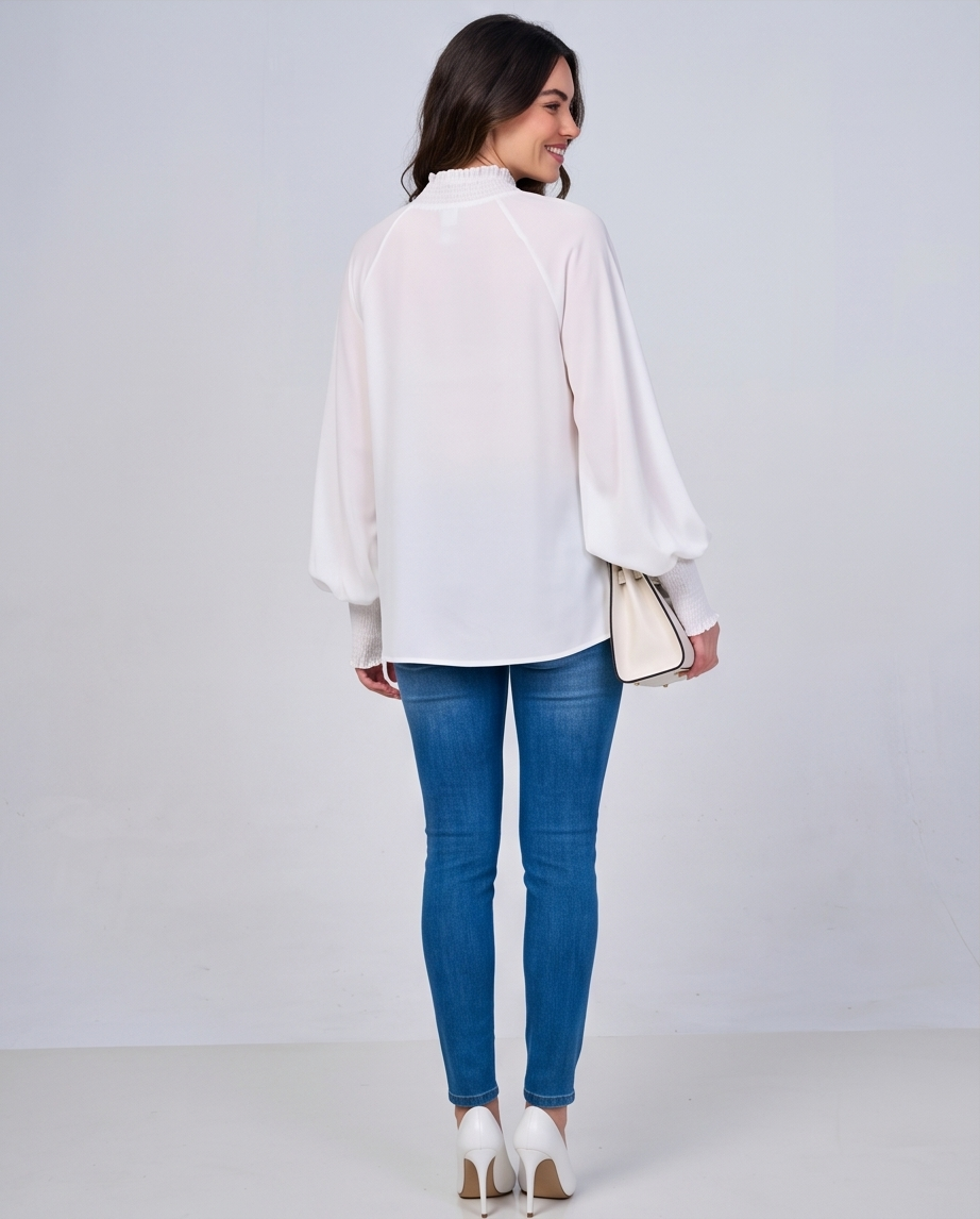 Elegant White Blouse with Balloon Sleeves