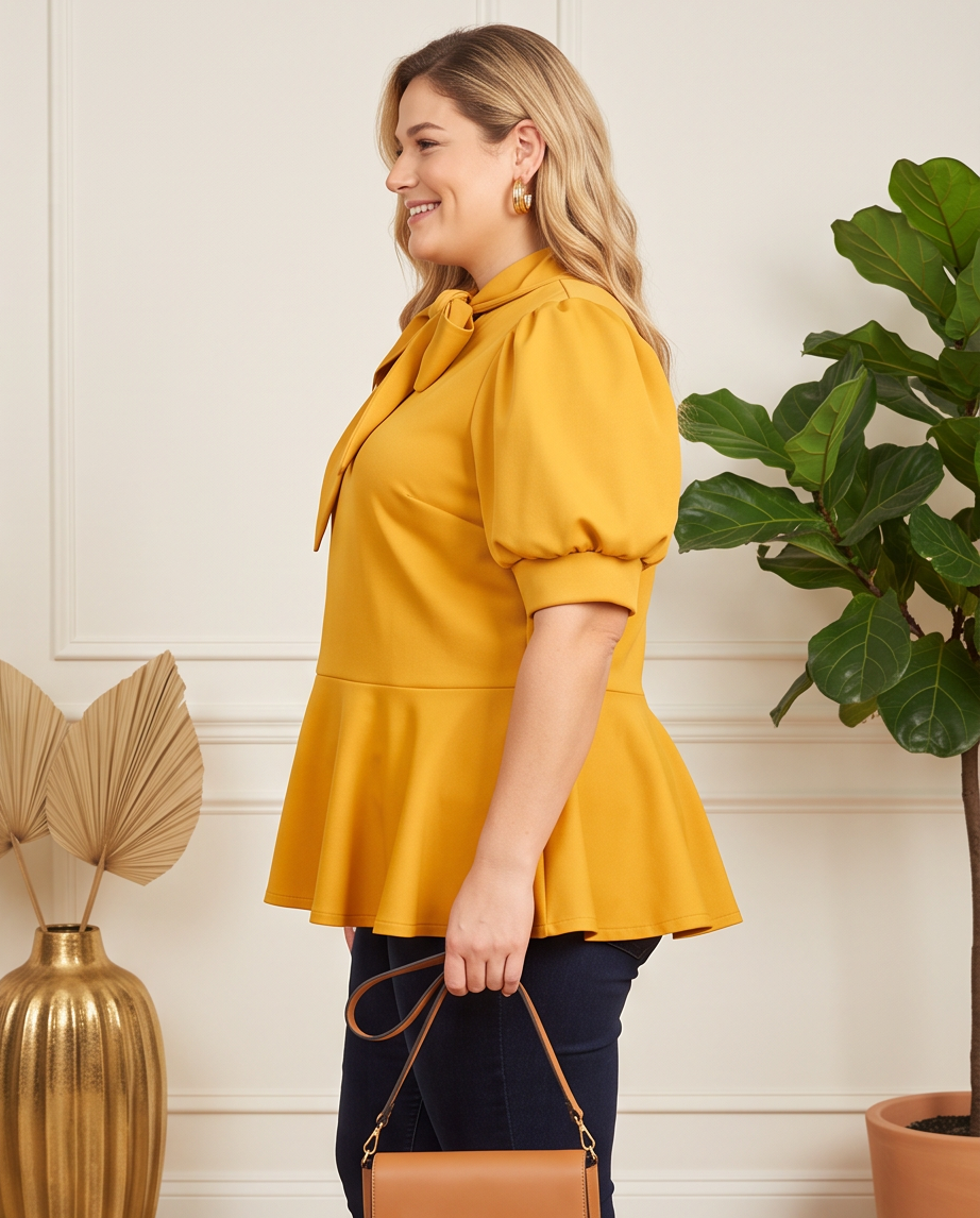 Plus Size Mustard Tie Neck Top