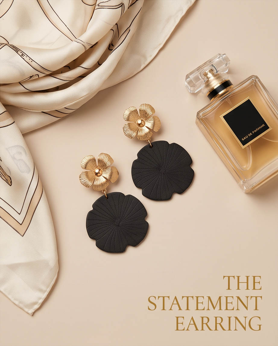 Gold & Black Flower Pattern Earrings