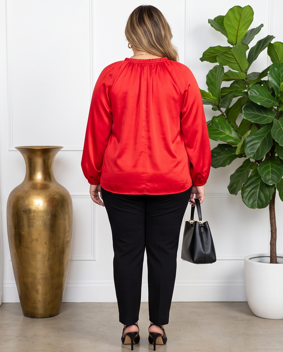 Plus Size Red Tie Neck Long Sleeve Silk Top