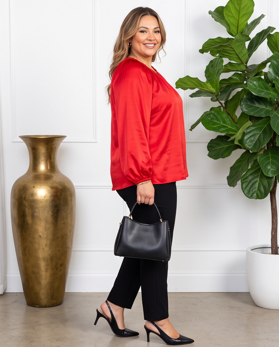 Plus Size Red Tie Neck Long Sleeve Silk Top
