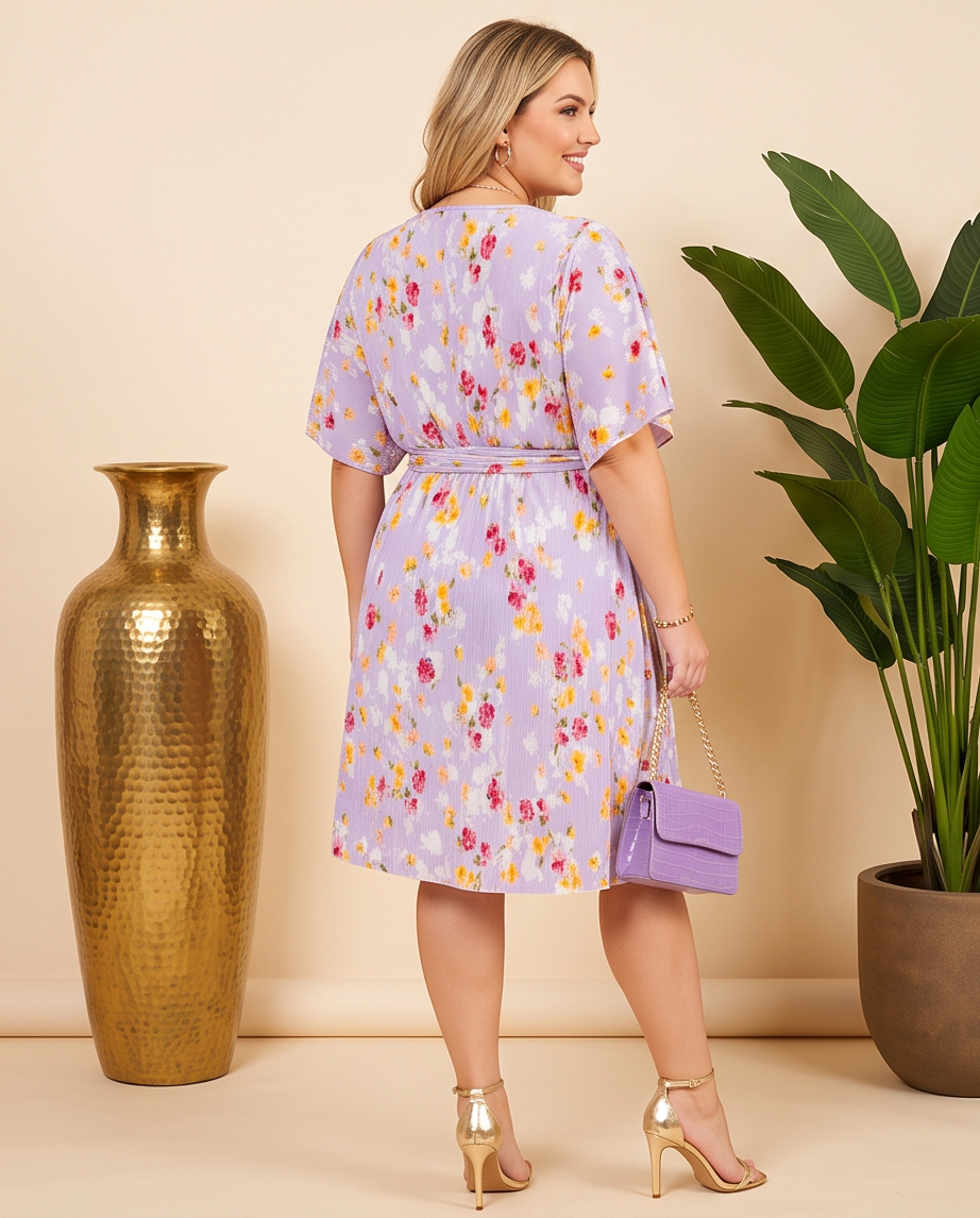 Plus Size Lavender Floral Belted Dress