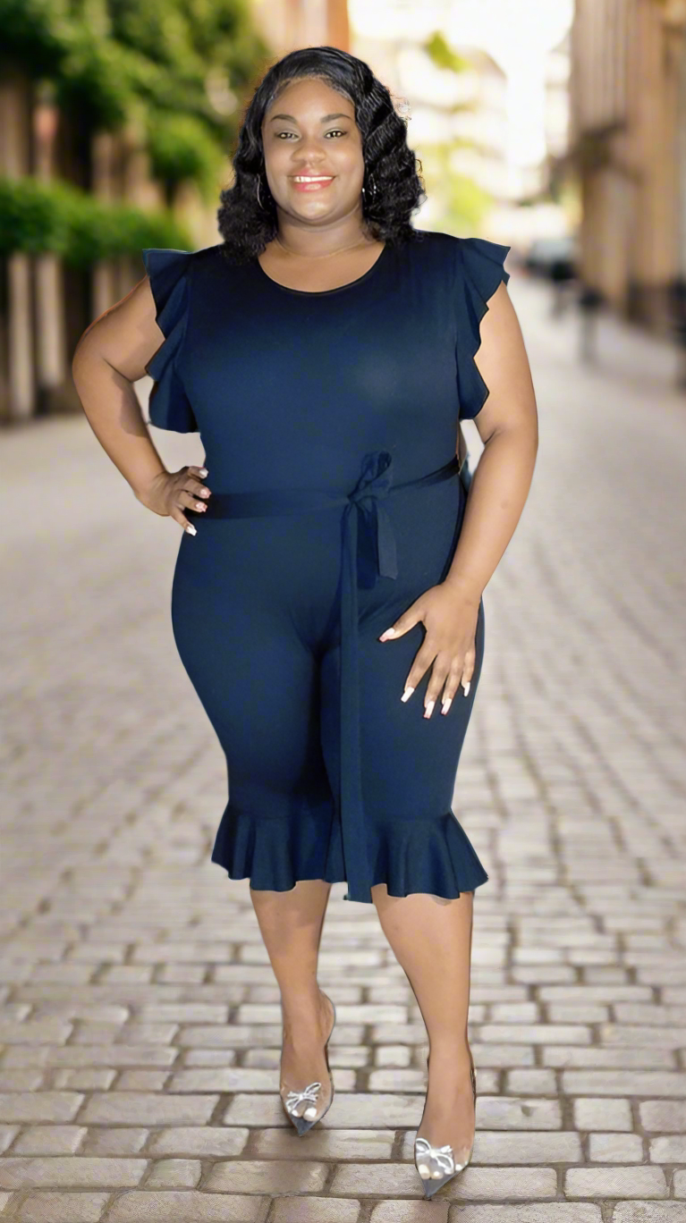 Plus Size Black Ruffle Trim Jumpsuit - 2736