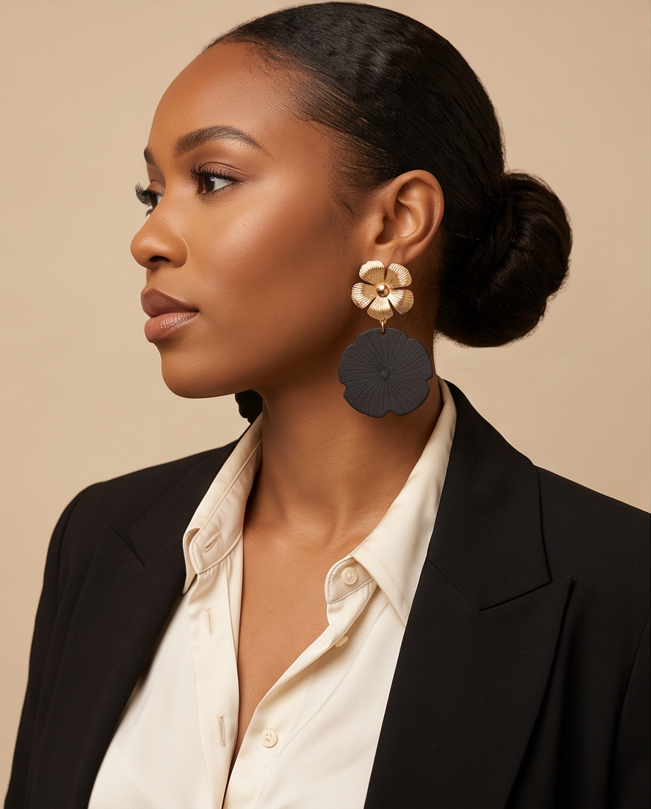 Gold & Black Flower Pattern Earrings