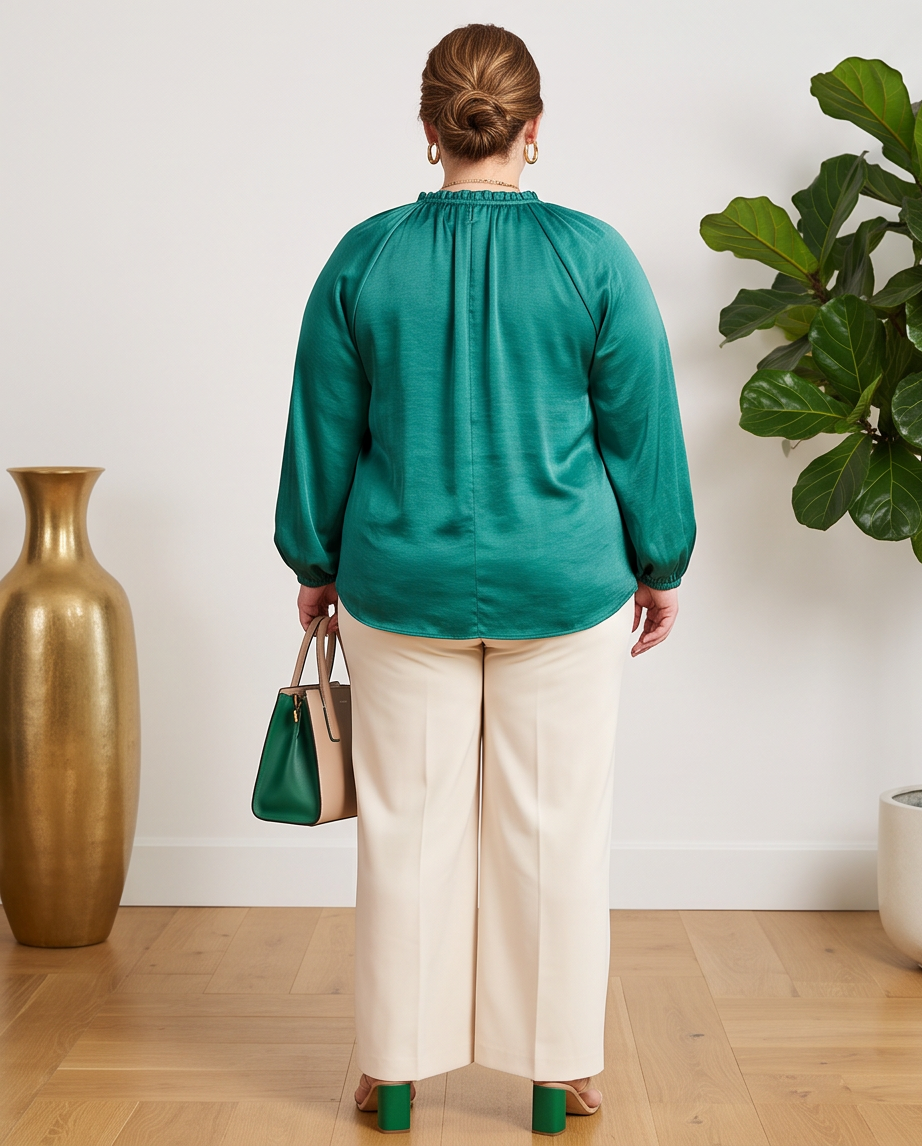 Plus Size Emerald Green Silk Long Sleeve Top