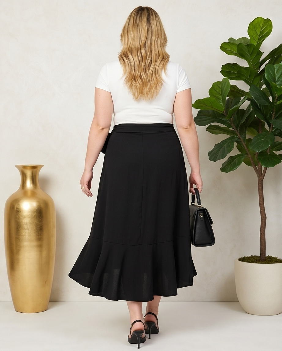 Plus Size Black Ruffle Wrap Midi Skirt
