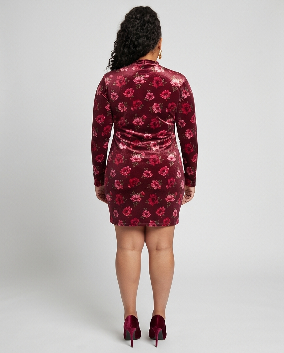 Plus Size Velvet Burgundy Long Sleeve Dress