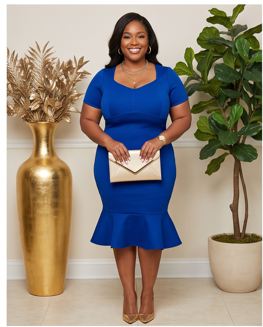 Reg/Plus Navy Ruffle Trim Dress
