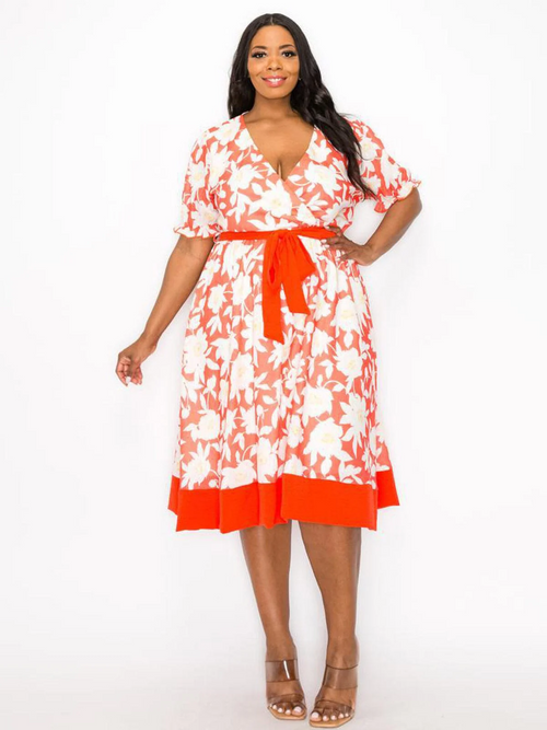 Plus Size Short Sleeve Surplice Self Tie Floral Orange Midi Dress - SD1432F
