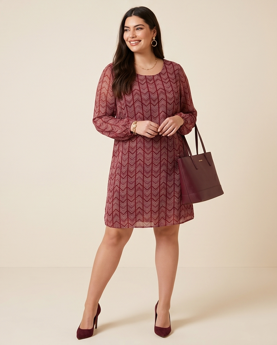 Plus Size Long Sleeve Burgundy Shirt Dress
