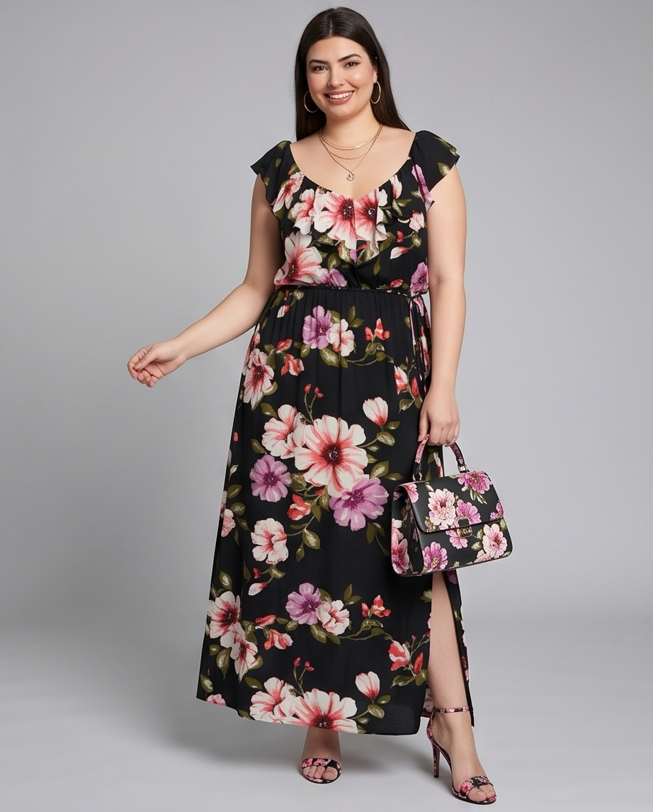 Plus Size Floral Ruffle Detail Dress