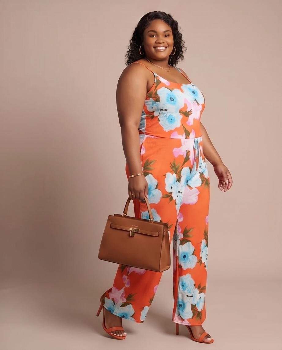 Plus Size Orange Floral Jumpsuit