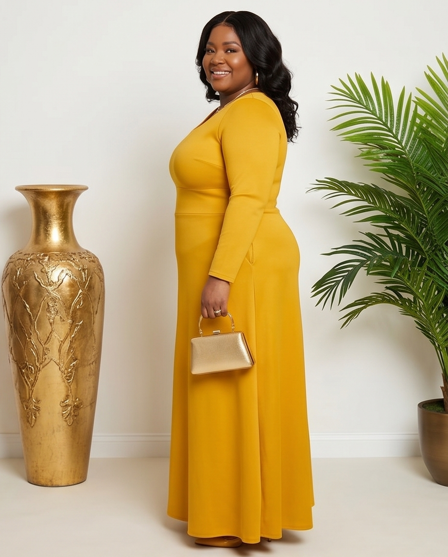 Plus Size Mustard Square Neck Maxi Dress