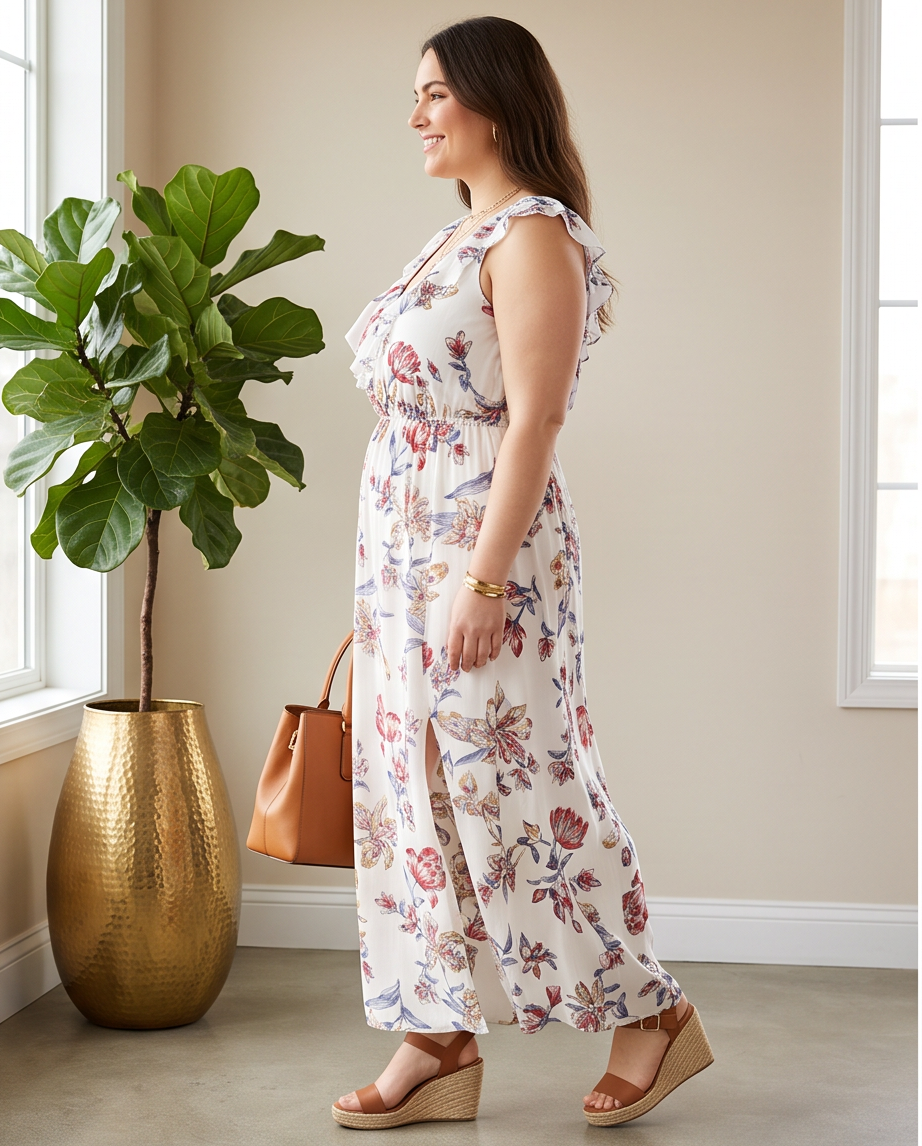 Plus Size White Floral Ruffle Maxi Dress