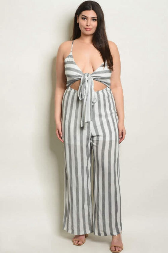 Plus Size Tie Front Striped Jumpsuit - 1013