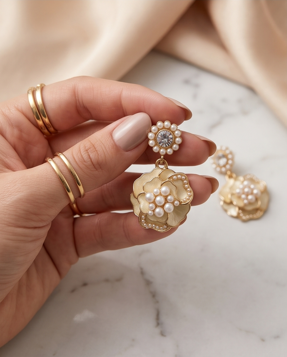 Ivory Flower With Pearls Earrings