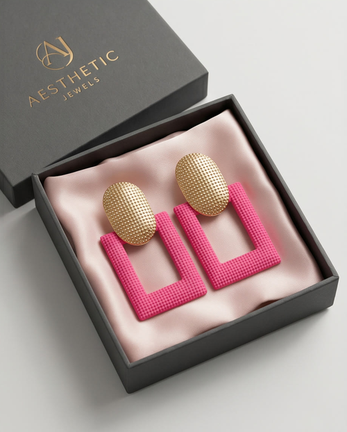 Gold And Pink Boxy Earrings