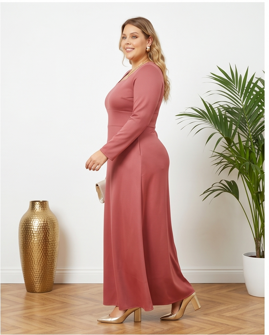 Plus Size Mauve Square Neck Maxi Dress