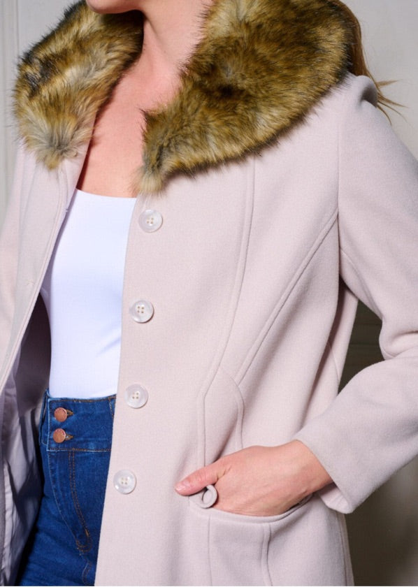 Plus Size Cream Sherpa Maxi Fur Neck Coat - W429PF1