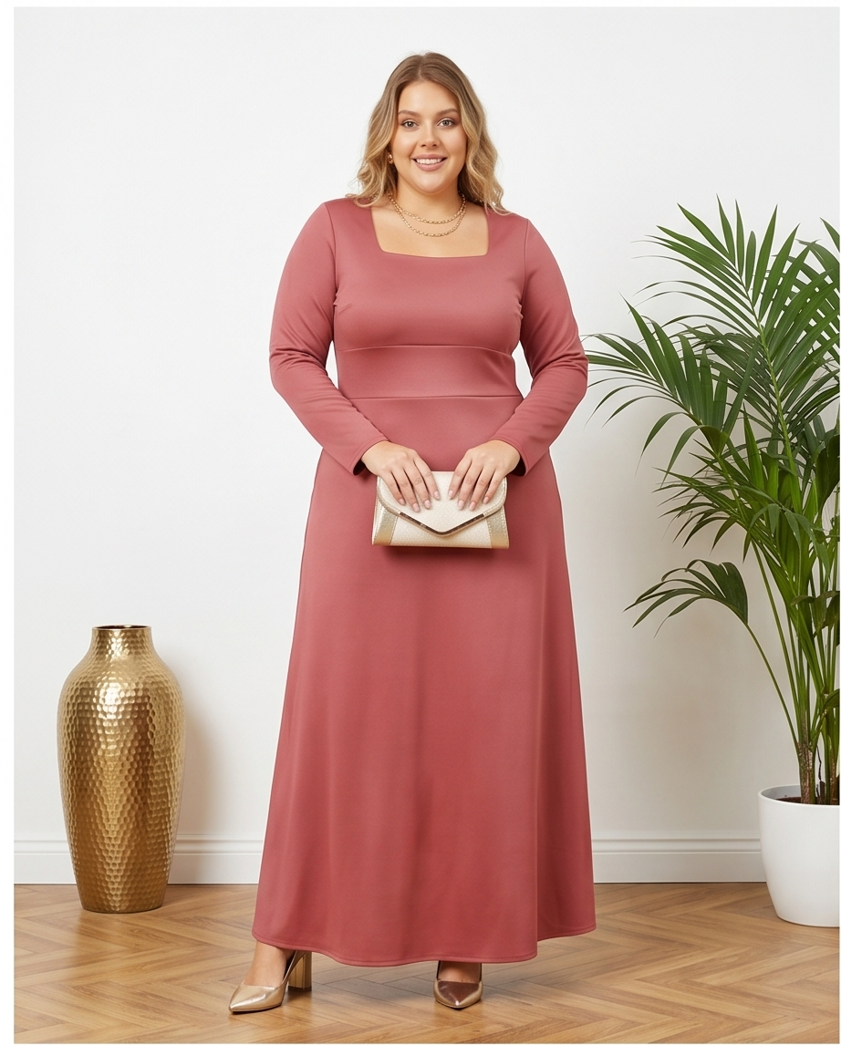 Plus Size Mauve Square Neck Maxi Dress