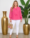 Plus Size Pink Tie Neck Classy Top