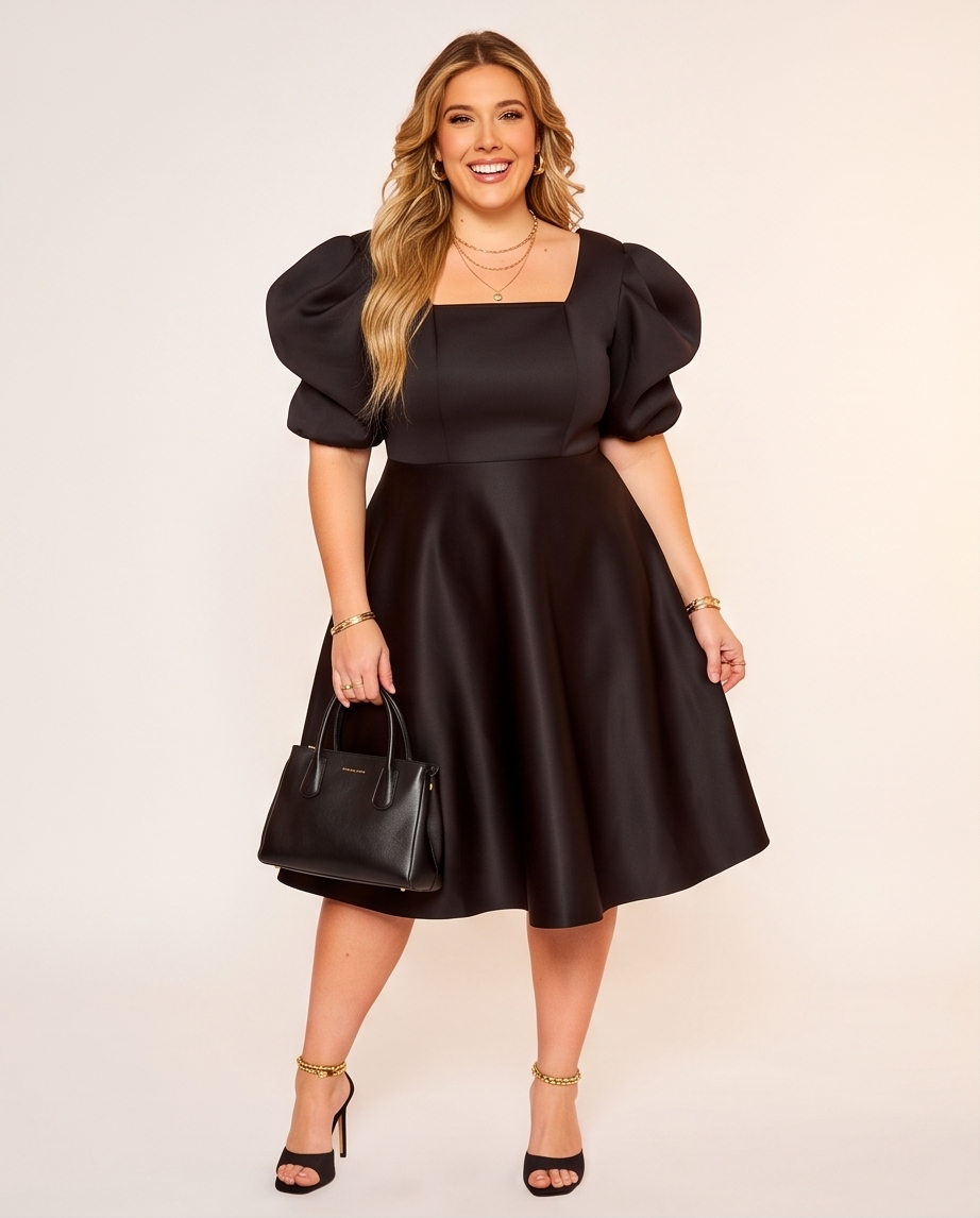 Plus Size Black Puff Sleeve Skater Dress