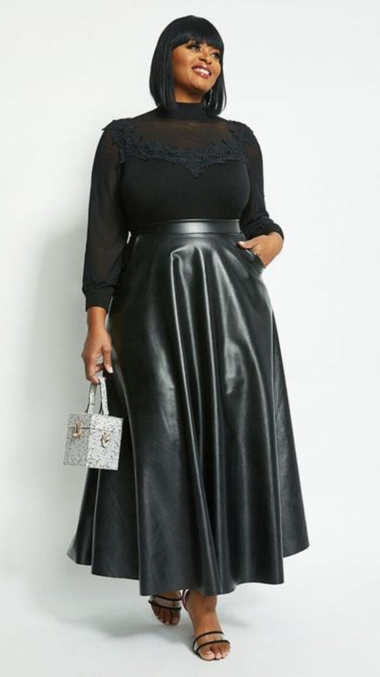 Plus Size Black Leather Maxi Skirt