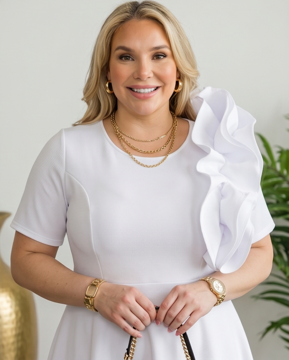 Plus Size White Side Ruffle Skater Dress