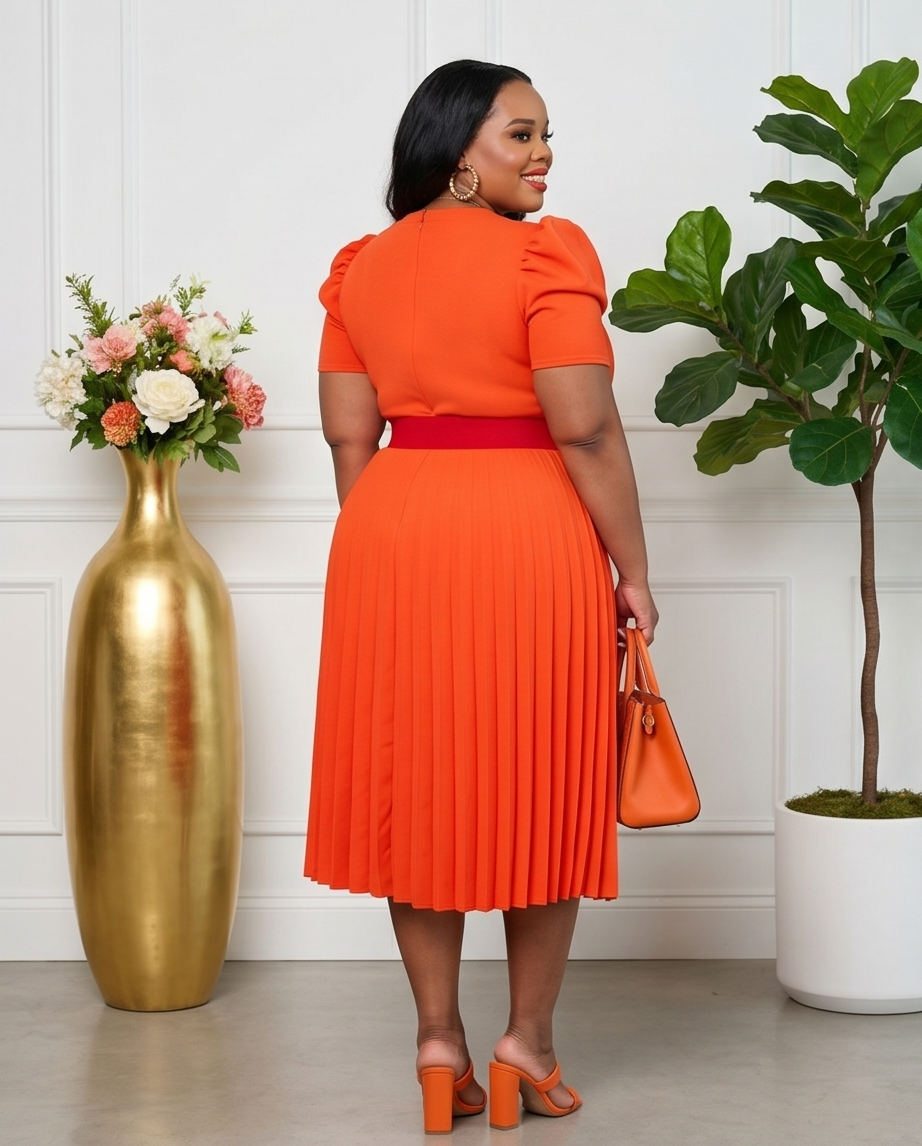 Plus Size Orange Pleated Midi Dress