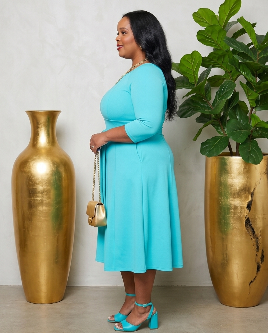 Plus Size Sky Blue Belted Dress