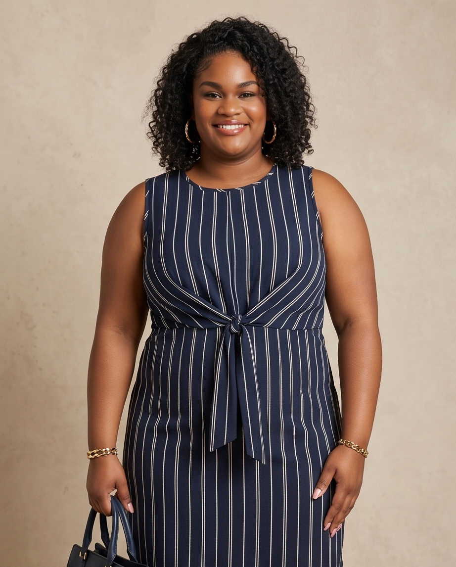 Plus Size Black Knot Front Striped Dress