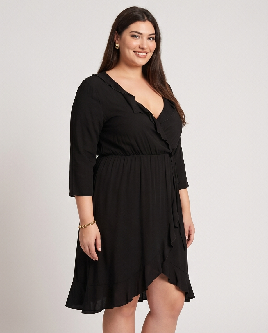 Plus Size Black Elastic Waist Wrap Dress