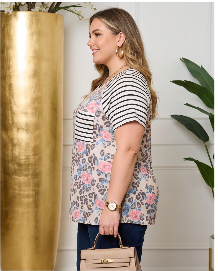 Plus Size Animal Print Striped Top