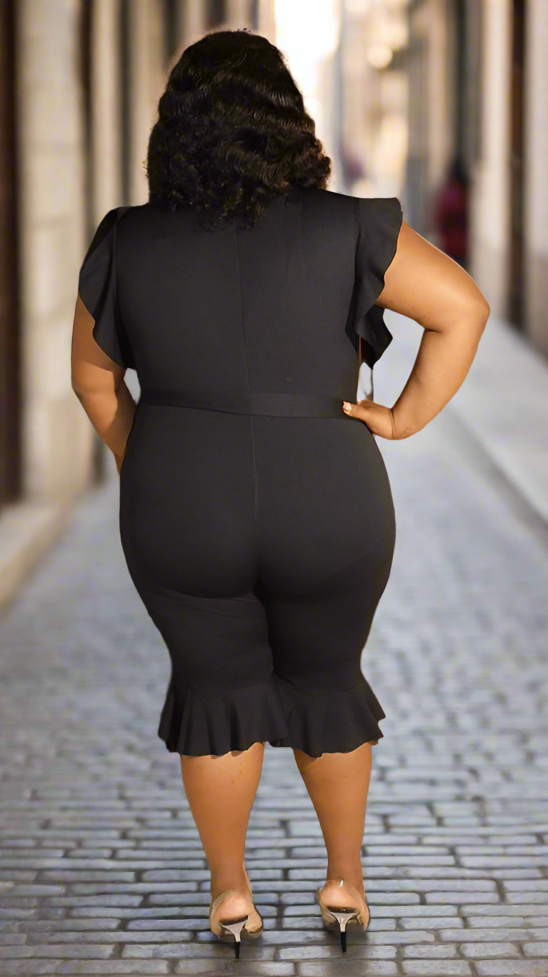 Plus Size Black Ruffle Trim Jumpsuit - 2736