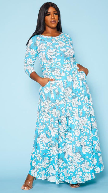 Plus Size Blue Floral Wrap Maxi Dress