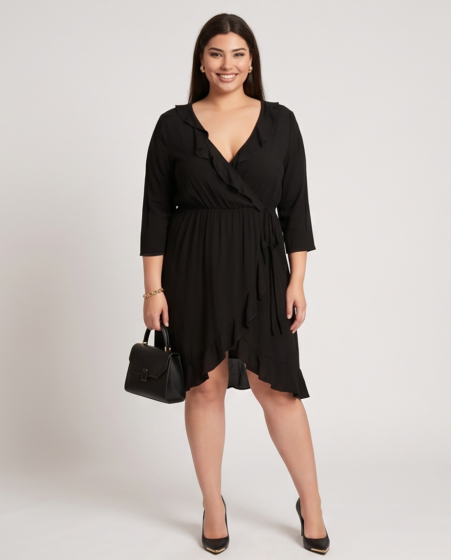 Plus Size Black Elastic Waist Wrap Dress