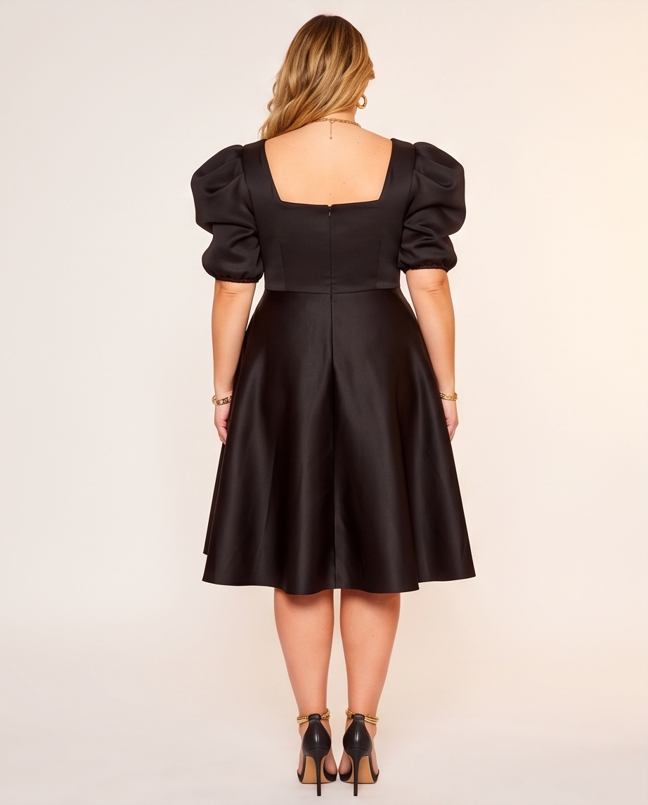 Plus Size Black Puff Sleeve Skater Dress