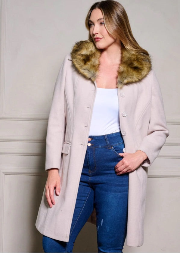 Plus Size Cream Sherpa Maxi Fur Neck Coat - W429PF1