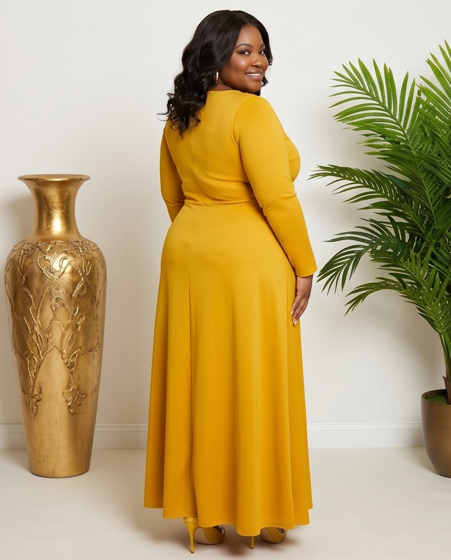 Plus Size Mustard Square Neck Maxi Dress