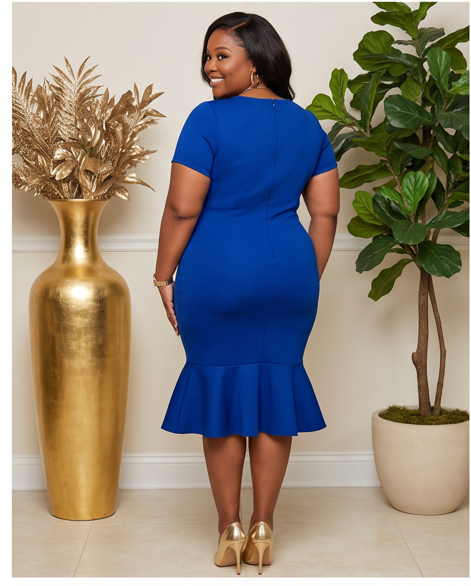 Reg/Plus Navy Ruffle Trim Dress