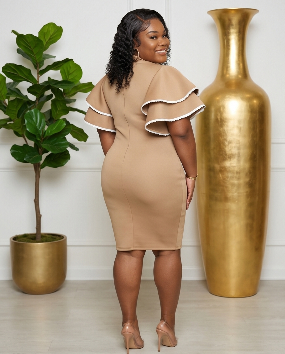 Plus Size Tan Bodycon Ruffle Dress