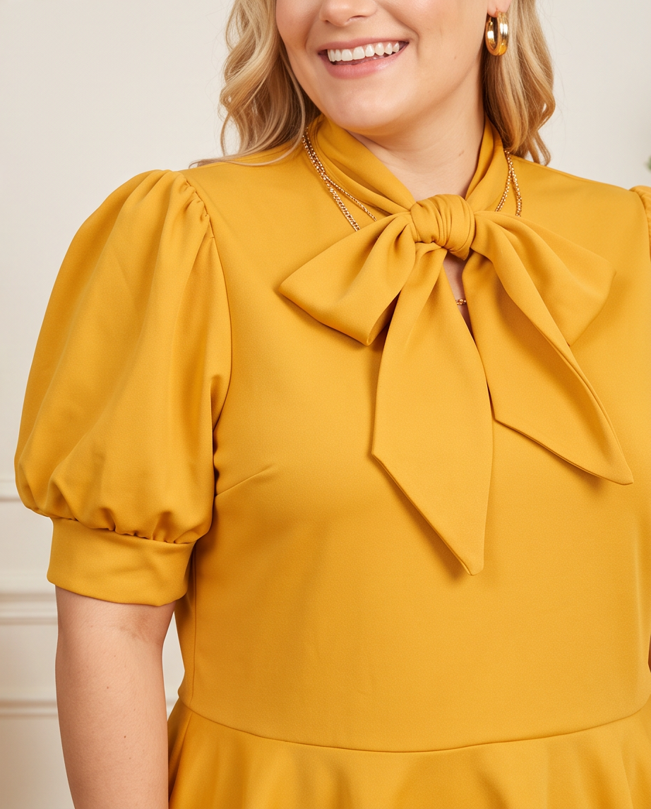 Plus Size Mustard Tie Neck Top