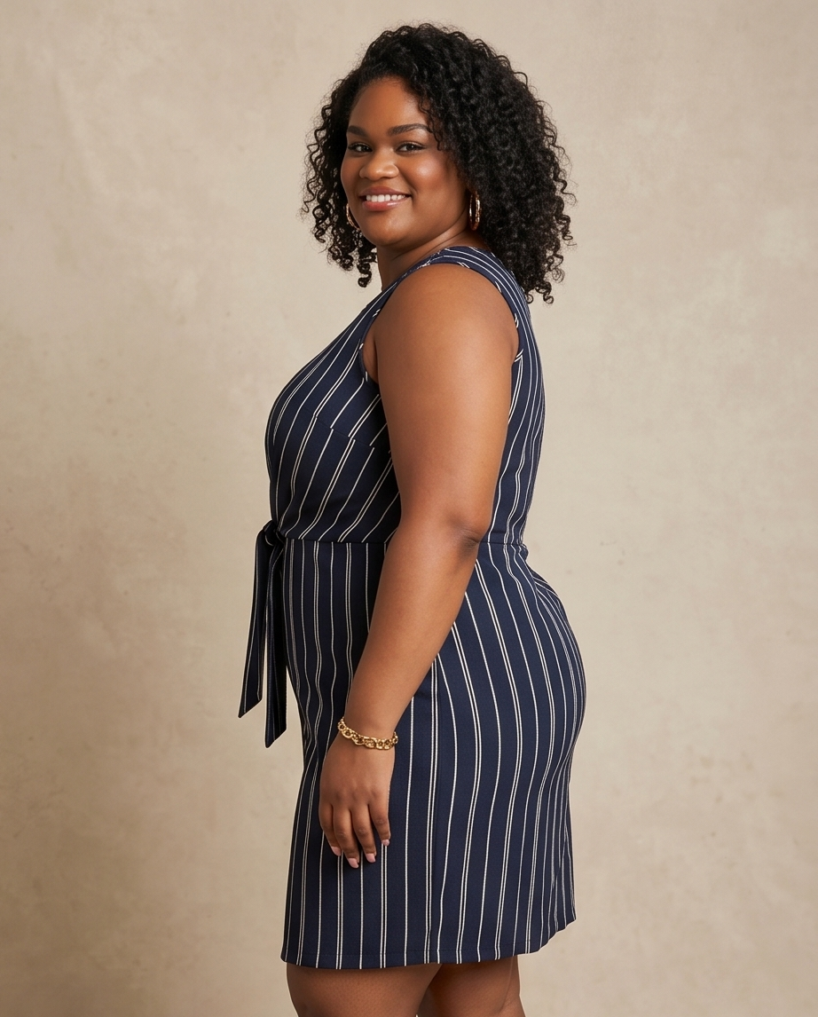 Plus Size Black Knot Front Striped Dress