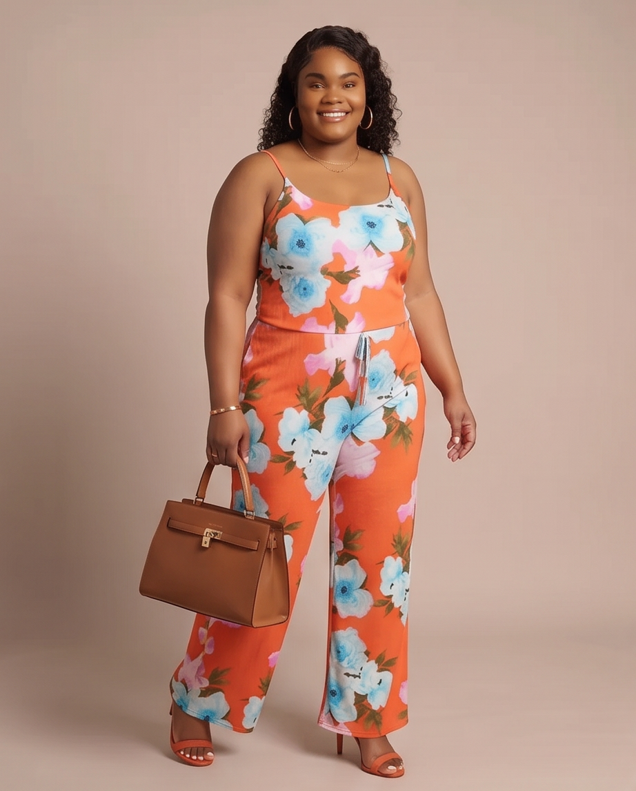 Plus Size Orange Floral Jumpsuit