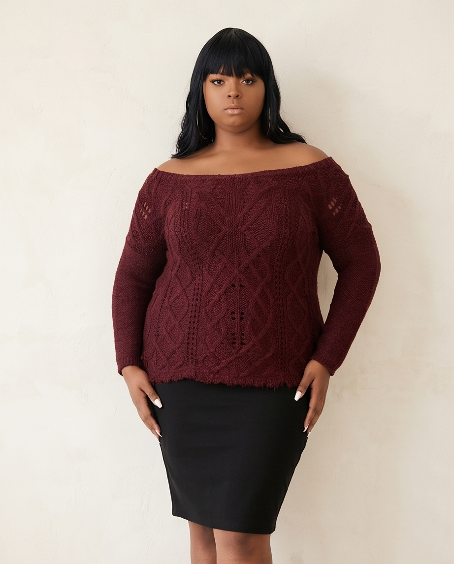 Plus Size Burgundy Raw Hem Sweater