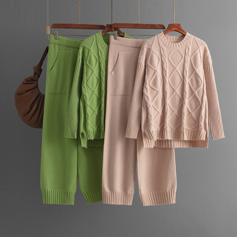 Plus Size Women's Clothing Cable-knit Pullover Sweater Suit
