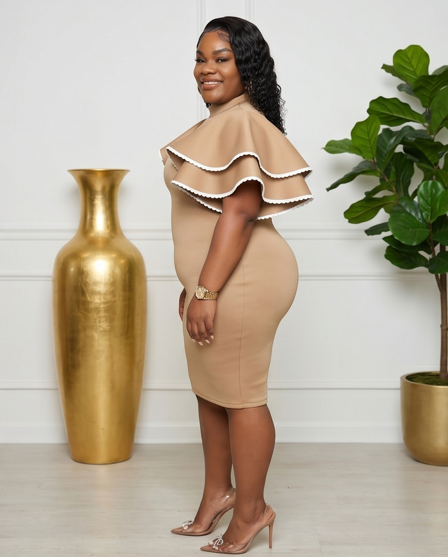 Plus Size Tan Bodycon Ruffle Dress