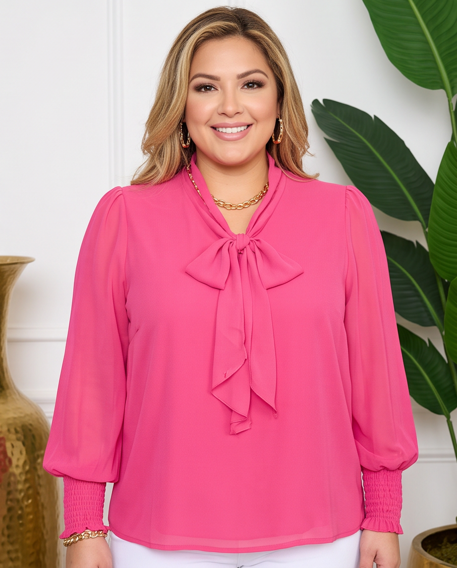 Plus Size Pink Tie Neck Classy Top