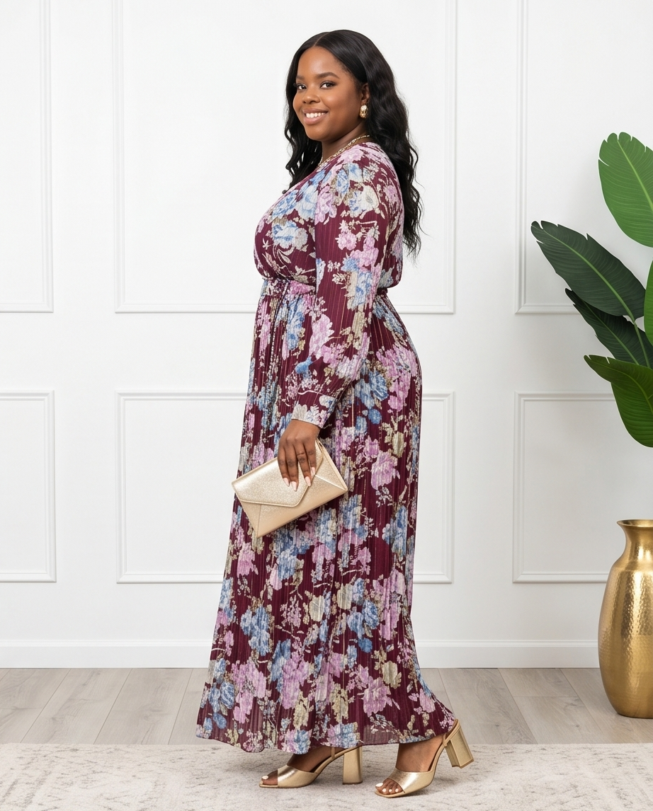 Plus Size Plum Maxi Pleated Dress